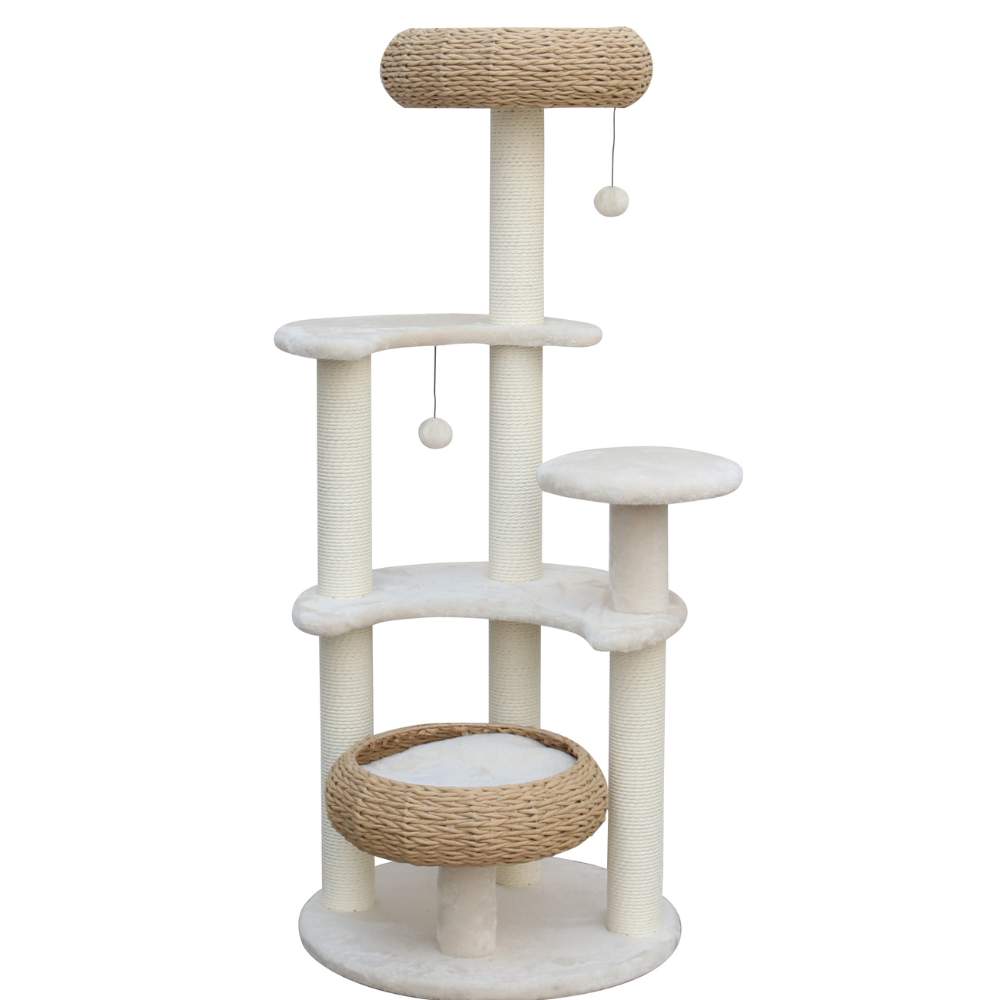 V568-MP220100-140766-00 5-Platform Plush and Wicker Cat Tree - Image 1