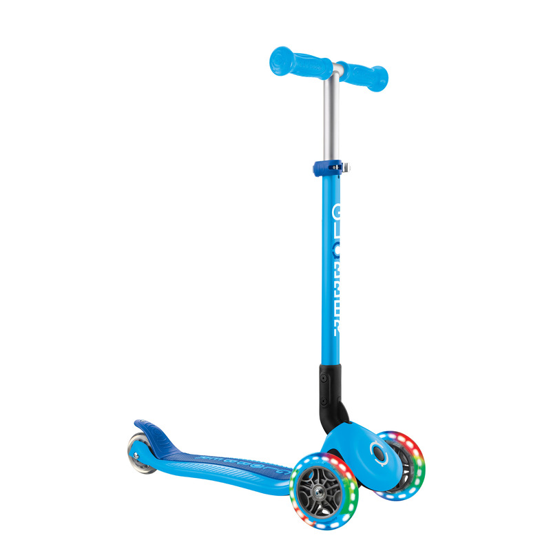 V572-432-101-3-202503280136-00 Globber PRIMO Foldable Lights Scooter - Sky Blue/Navy Blue - Image 1