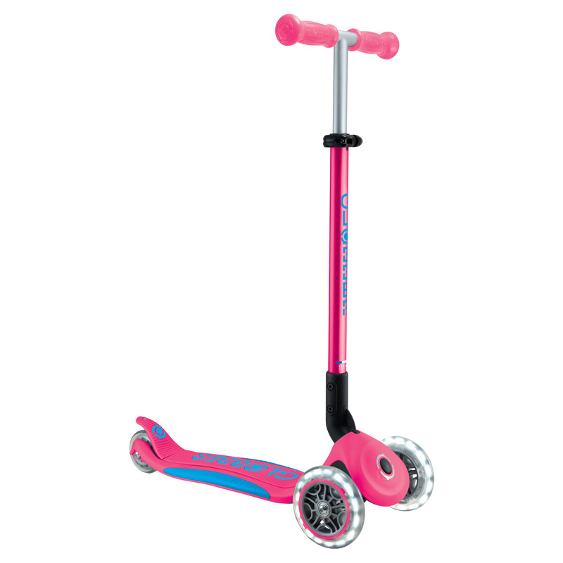 V572-439-610-2-202503280136-00 Globber PRIMO FOLD PLUS LIGHTS Scooter V2 - Fuchsia Pink / Sky Blue - Image 1