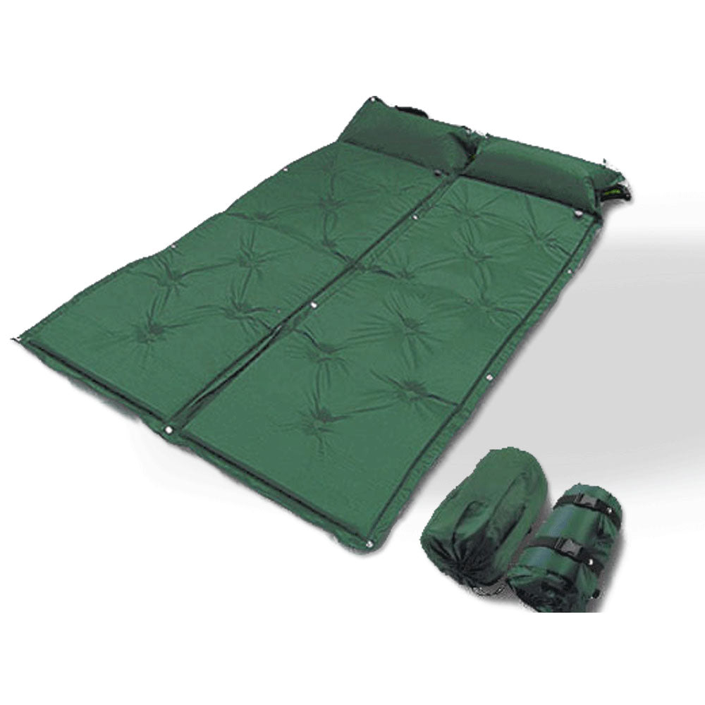 V610-SELMAT-GR-2-218942-00 Double Self Inflating Mattress Camping Hiking Airbed Camp Mat Sleeping Pillow w/ Bag - green - Image 1