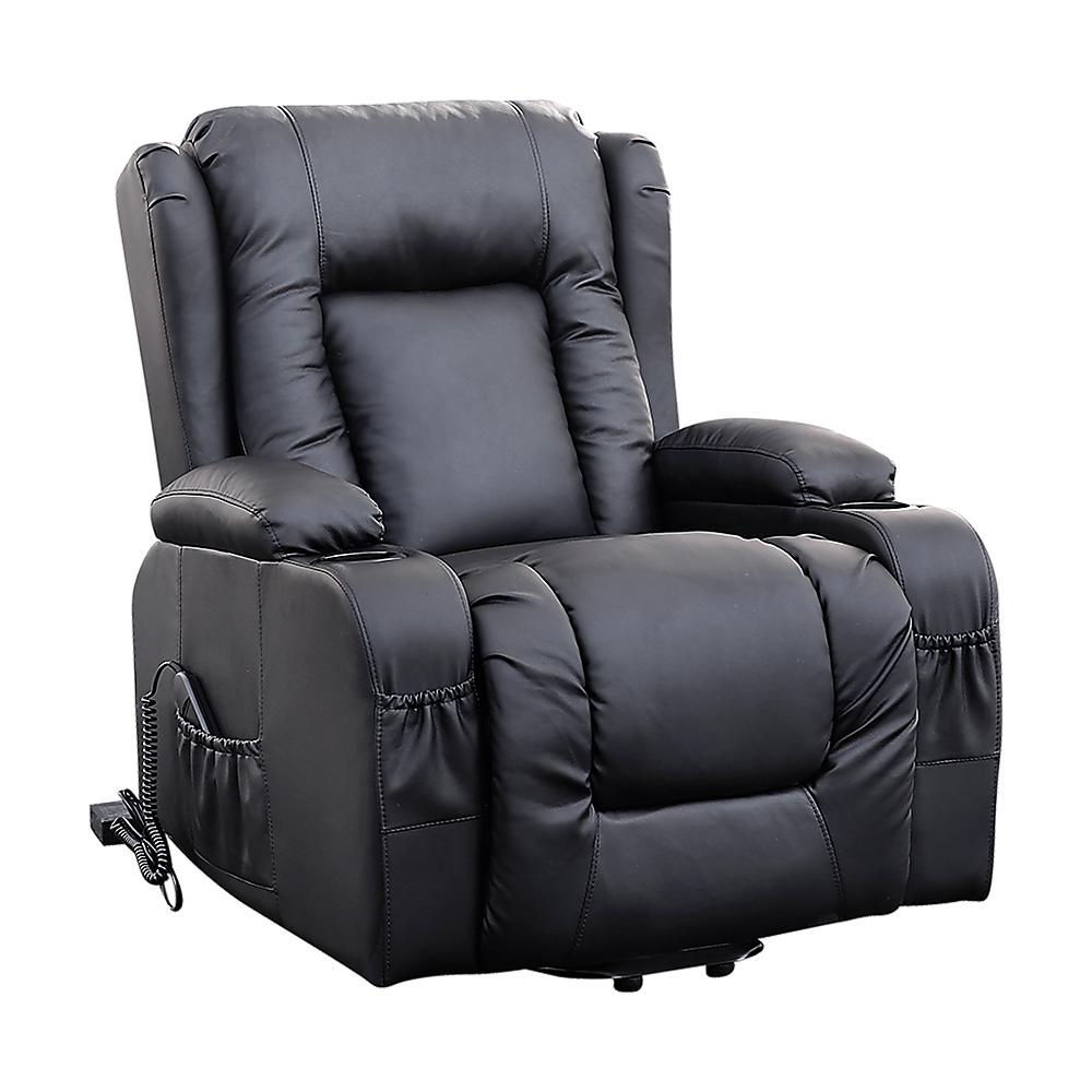 V63-834091-26215-00 Recliner Chair Electric Massage Chair Lift Heated Leather Lounge Sofa Black - Image 1