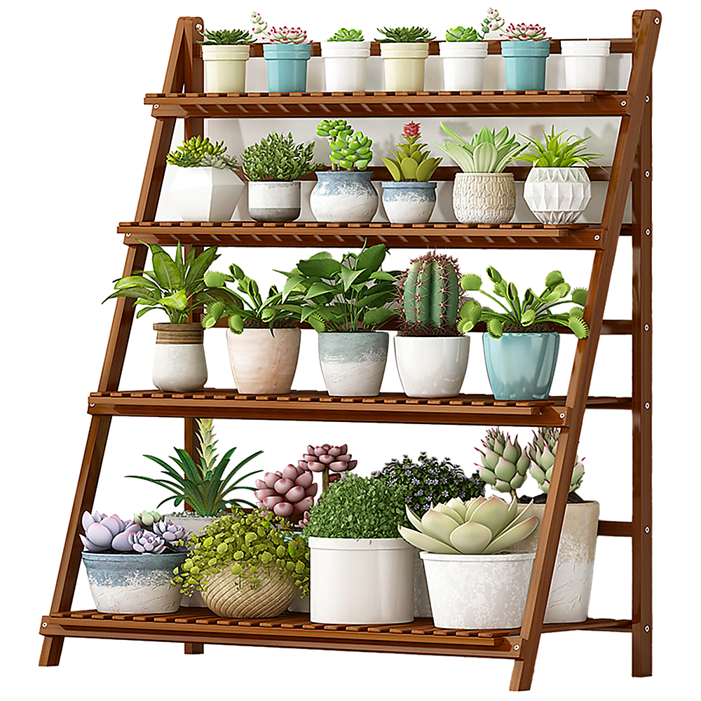 V63-837771-46778-11 Plant Stand Outdoor Indoor Garden Wood Bamboo Shelf Folding 100CM Length - Image 1