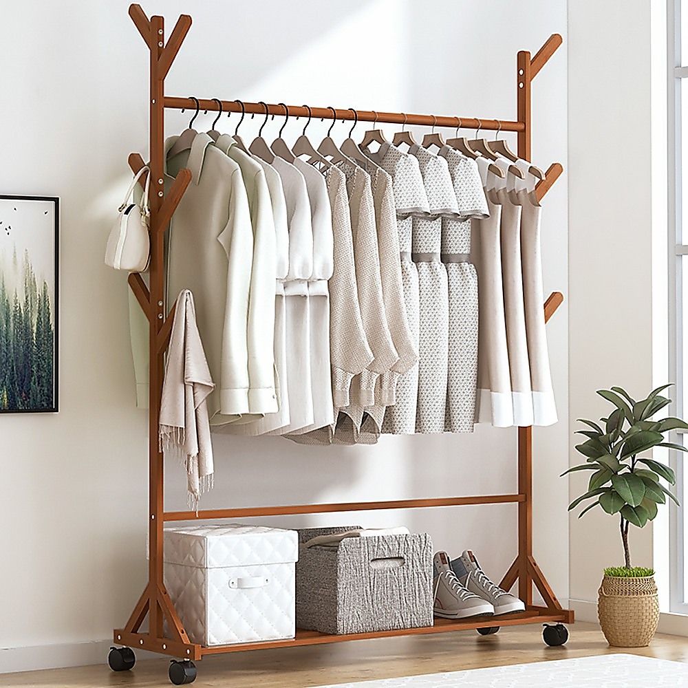 V63-838101-62e704463f24f.1000x1000-00 Portable Clothes Rack Coat Garment Stand Bamboo Rail Hanger Airer Closet - Image 1