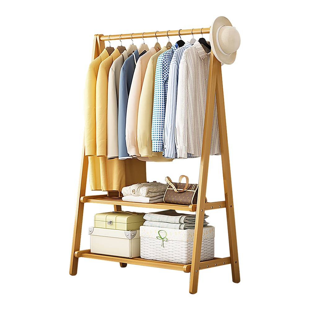 V63-838121-49514-00 Portable Clothes Rack Coat Garment Stand Bamboo Rail Hanger Airer Closet - Image 1