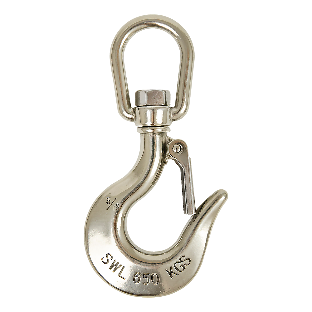 V63-838631-49459-00 304 Stainless Steel Swivel Lift Clevis Chain Crane Hook with Safety Lock 650kg - Image 1