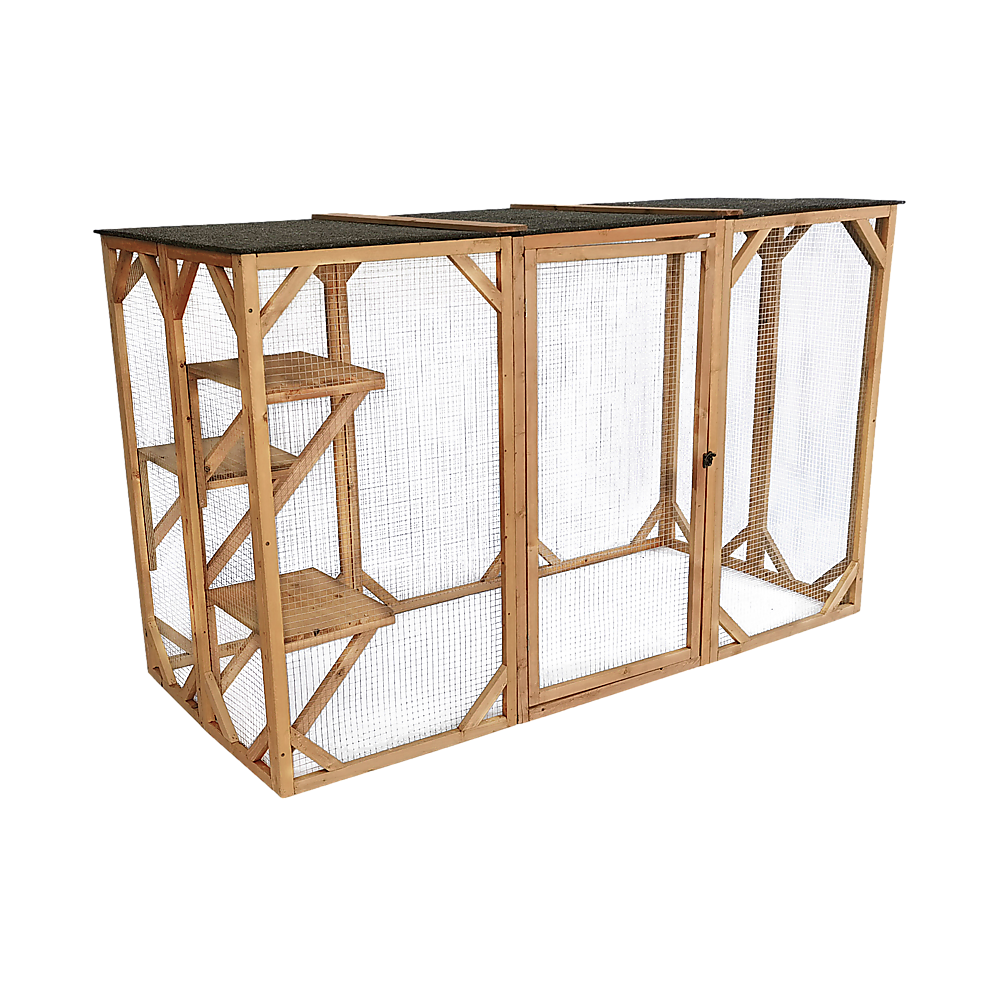 V63-840481-73618-00 180cm Large Cat Enclosure Wooden Outdoor Cage with 3 Platforms - Image 1