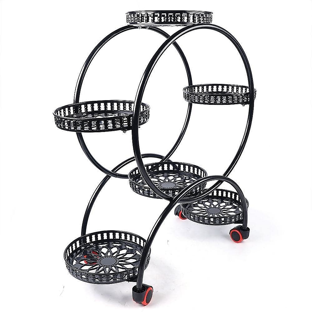 V63-840601-73513-00 4 Layer 6 Pots Flower Holder Plant Stand Shelf 4-Wheel Free Moving Rack - Image 1
