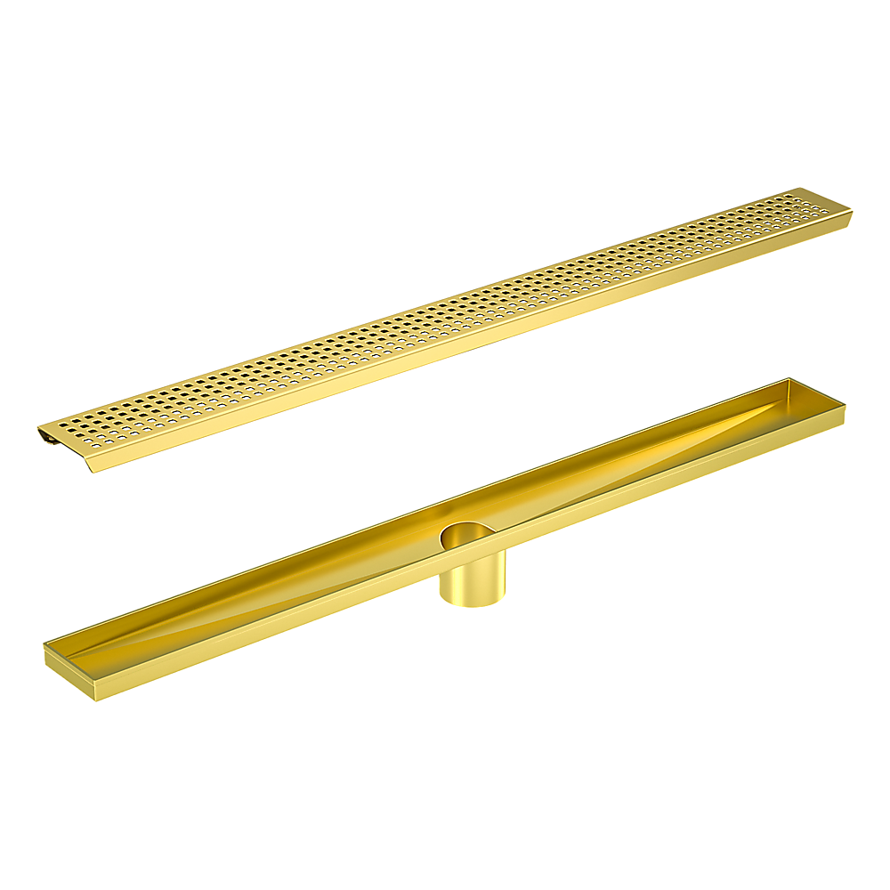 V63-844721-143390-00 1200mm Bathroom Shower Brushed Brass Grate Drain w/ Centre outlet Floor Waste Square Pattern - Image 1