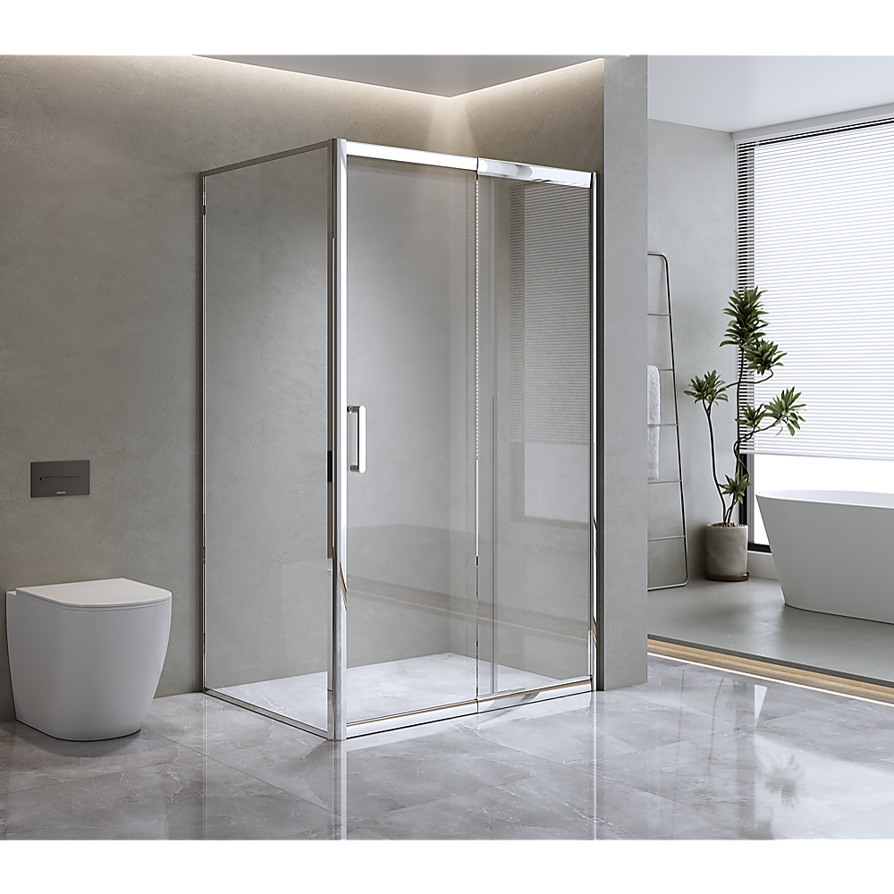 V63-845521-143488-01 Adjustable 1400x800mm Single Door Corner Sliding Glass Shower Screen in Chrome - Image 1