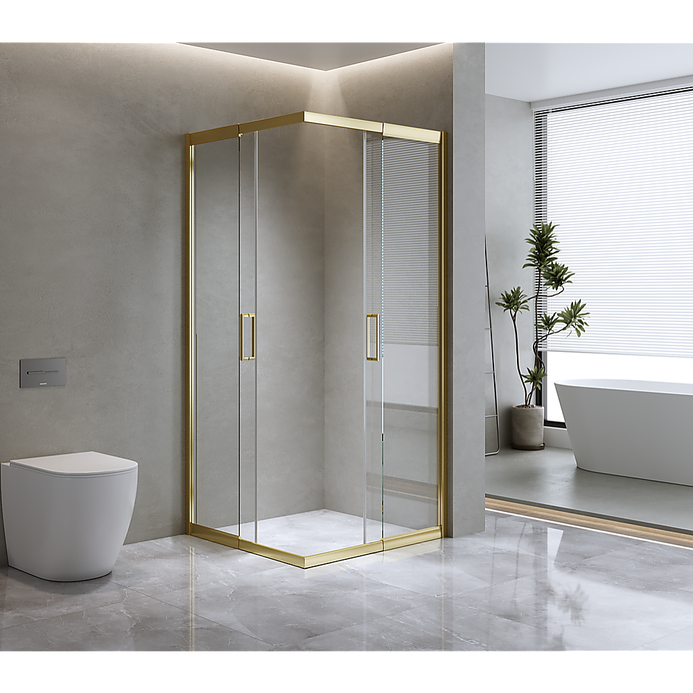 V63-849311-159616-00 Adjustable 900x900mm Double Sliding Door Glass Shower Screen in Gold - Image 1