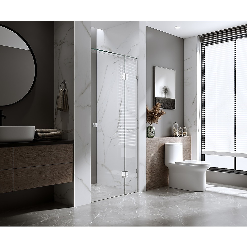 V63-857001-202507041335-00 90cm Wall to Wall Frameless Shower Screen with White Brackets and Brass Hinges, Round Knob Handle - Image 1