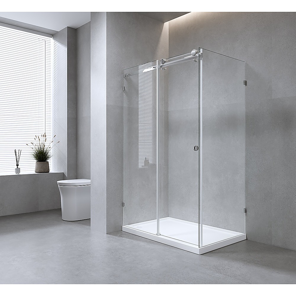V63-913691-202507041930-00 120x100cm Frameless Glass Sliding Corner Shower with Black Rail and Hardware - Image 1