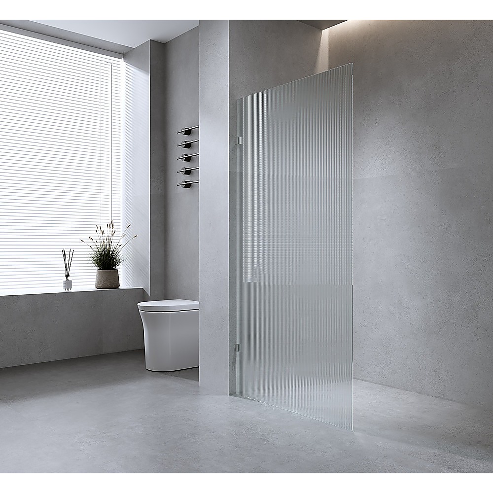 V63-916881-202505071612-00 80cm Reeded Single Shower Glass Screen with Black F-brackets & Round Pole - Image 1