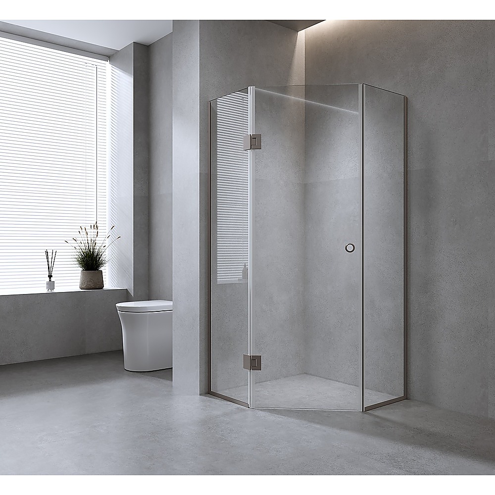 V63-932871-202507042011-00 100cm Frameless Diamond Shower Screen with White Channels and Brass Hinges & Round Handle - Image 1