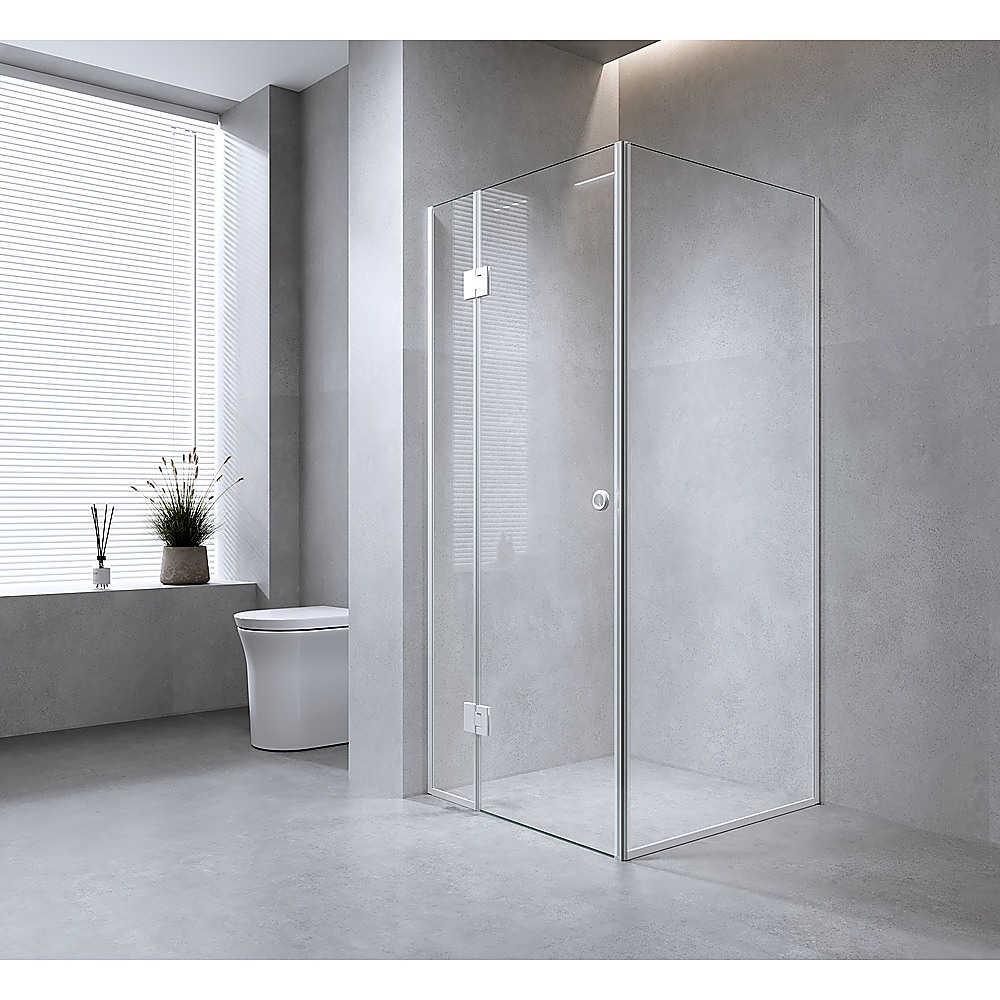 V63-934341-222747-00 100x70cm Corner Frameless Shower Screen with White Channel and SS Hinges - Image 1