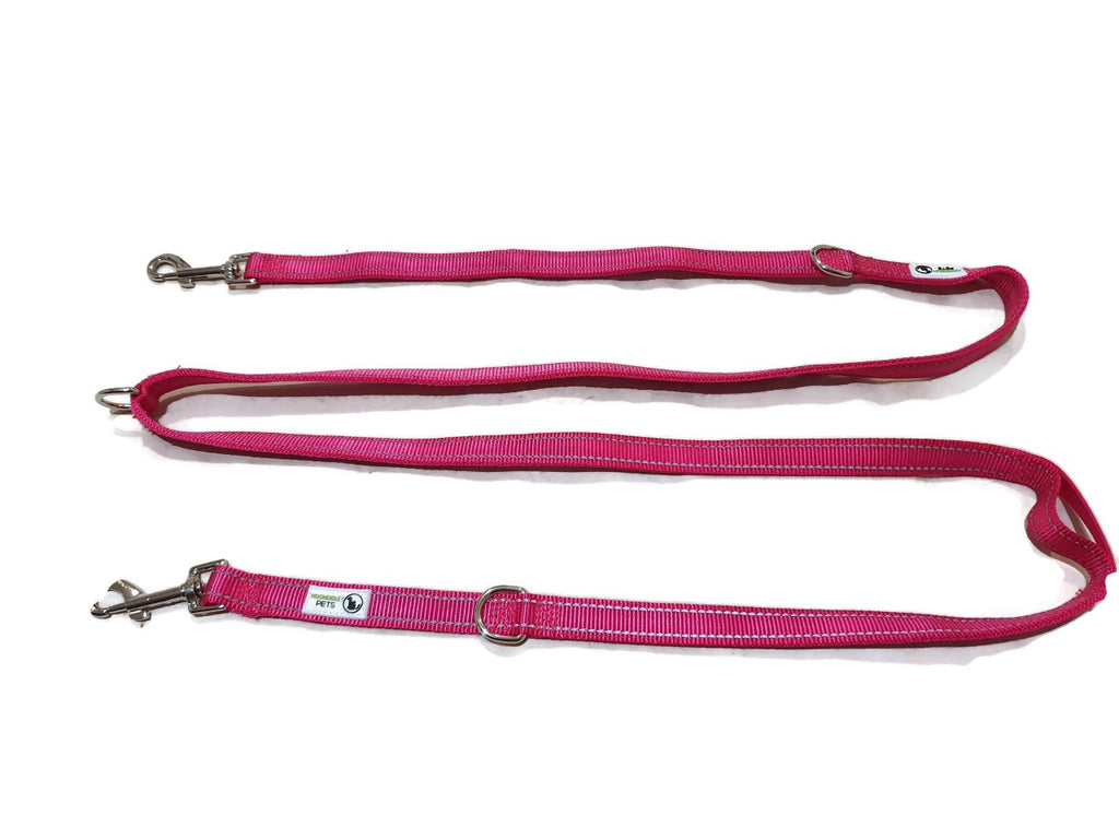 V631-MDPLDMUL20PNK-185919-00 Multi Dog Lead - Nylon w/Reflective Stitching - Double Clip ,Coupler, Waist Belt, Short/Long, Quicktie - Moondidley Pets 20mm Pink - Image 1