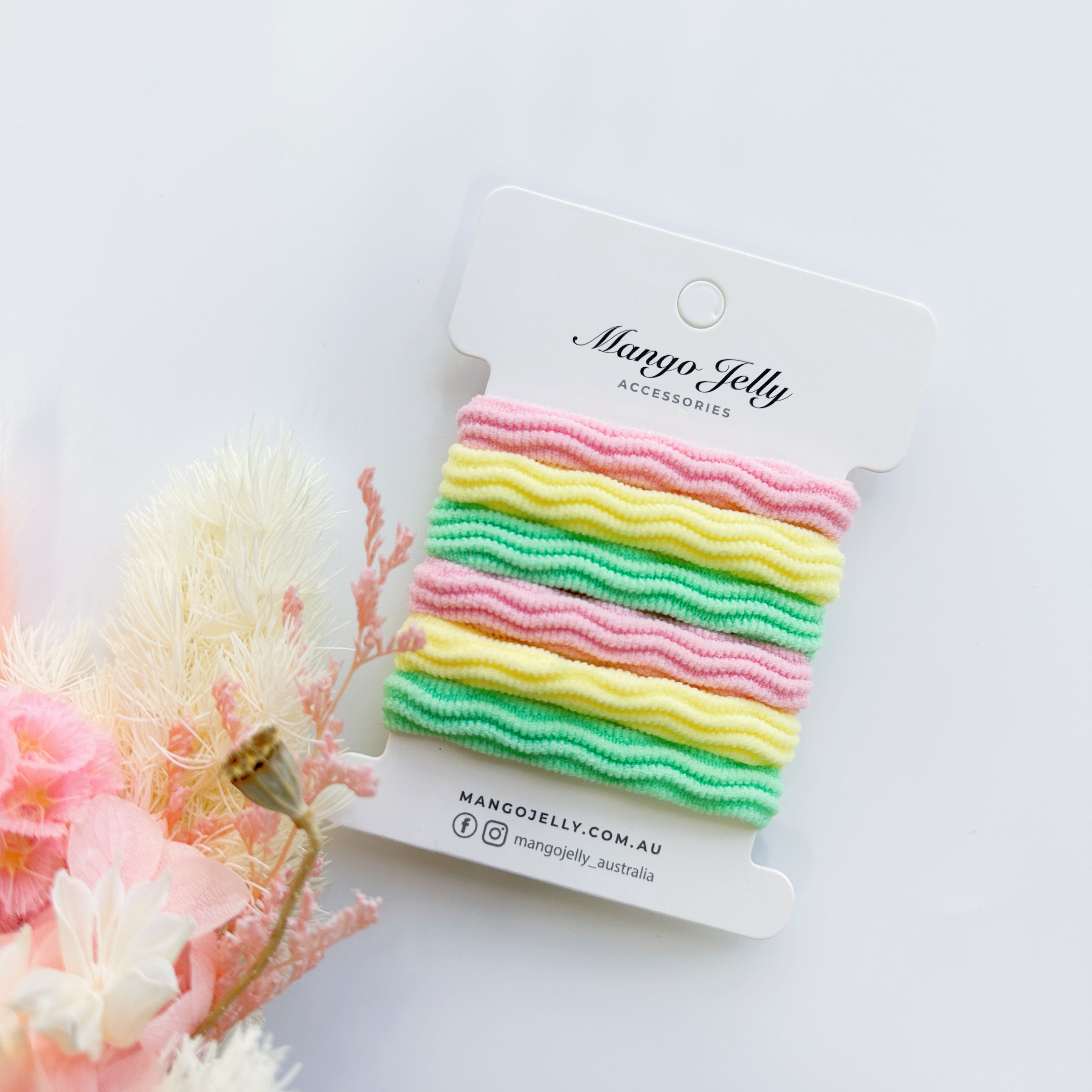 V659-MATALFREE-4CM-6P-WAVY-PASTEL-1-M-160796-00 MANGO JELLY Metal Free Textured Hair ties 4cm (Thick) - Pastel-One Pack - Image 1