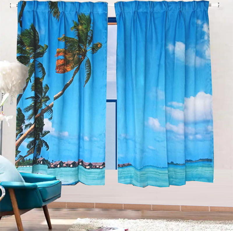 V702-CNA2-160HJ4-224075-00 Sea View 3D Printing Blockout Curtains 2x130x160cm PINCH PLEAT Fabric Seascape - Image 1