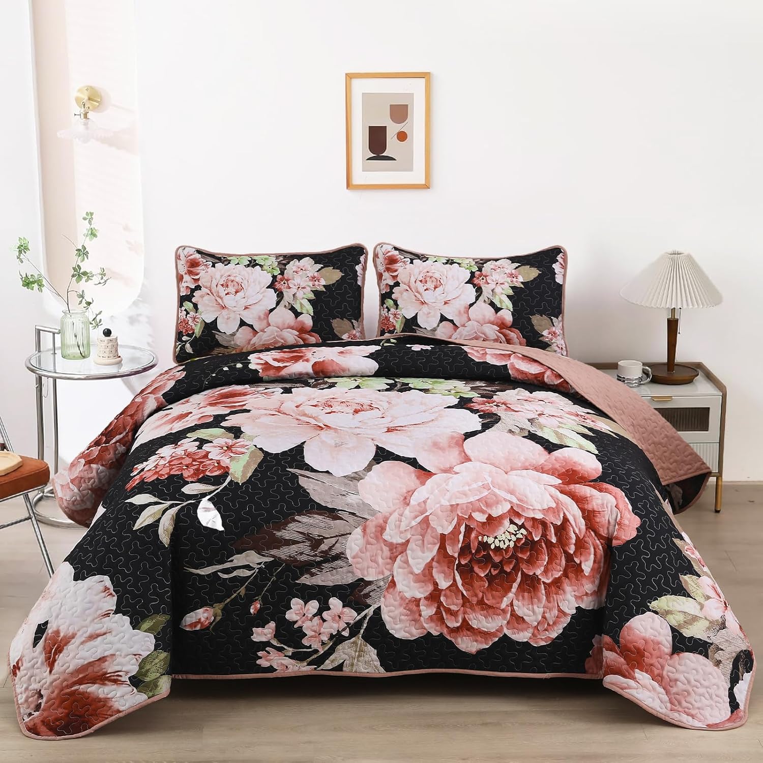 V745-AC080776Q13U-218222-00 Botanical Evergreen Floral Cozy 3 Pc Bedspread & Pillow Cover Set - Image 1