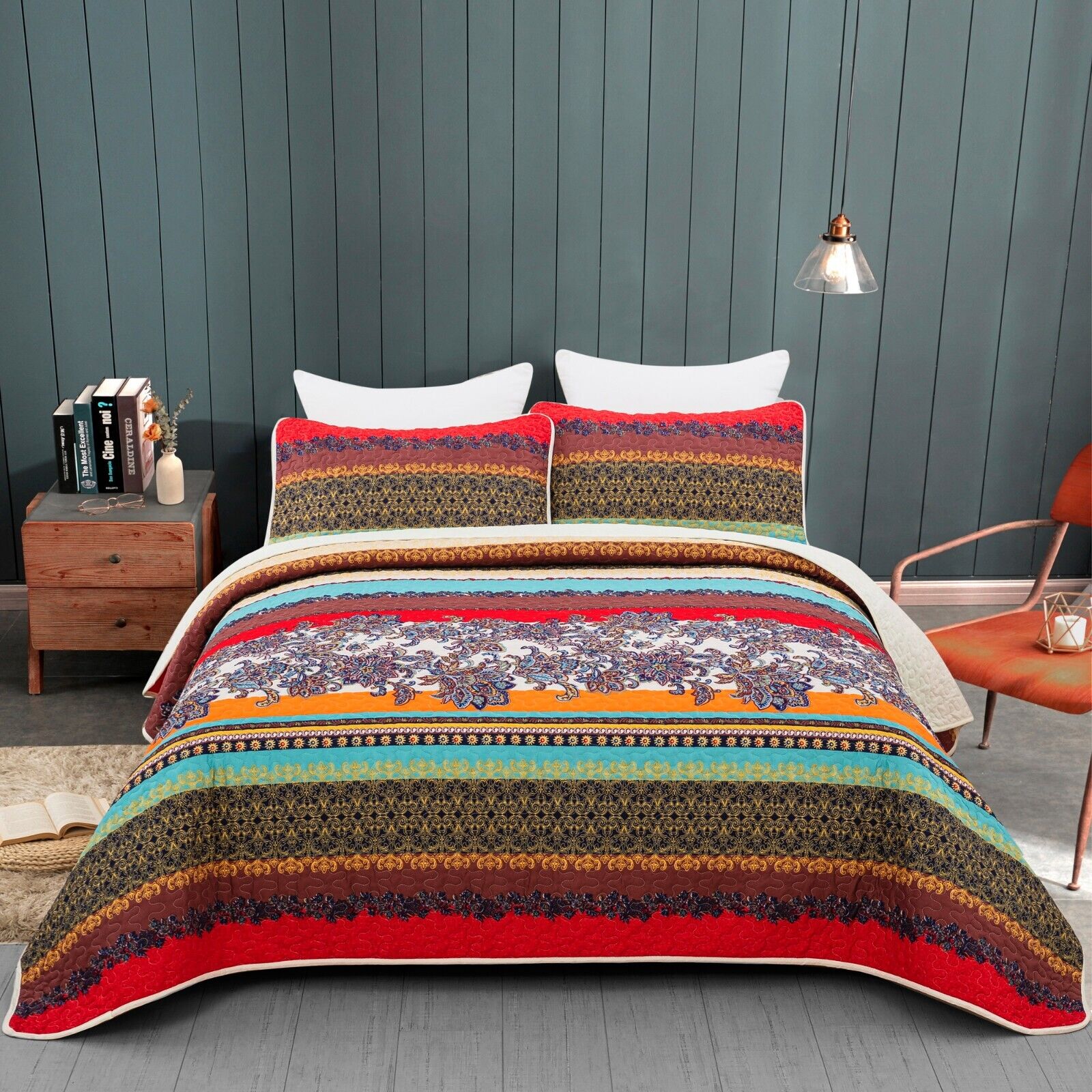 V745-AC090129Q13U-218225-00 Rusty Boho floral Chic 3 Pc Bedspread & Pillow Cover Set - Image 1
