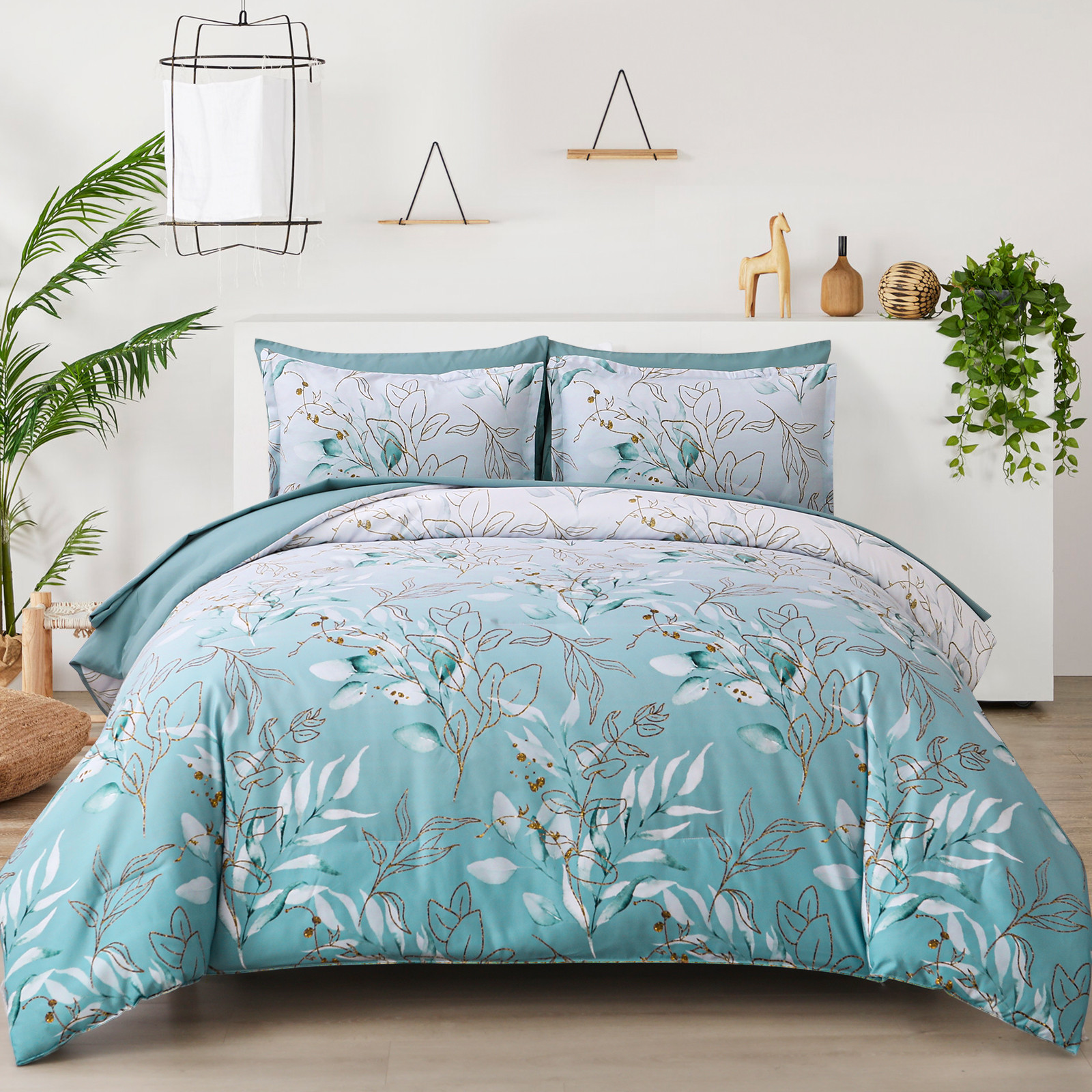 V745-MAB010938AJ3-191344-00 Soft Floral Leaf Comforter Set, King Size, Quilted Cozy Bedding with Pillowcases - Image 1