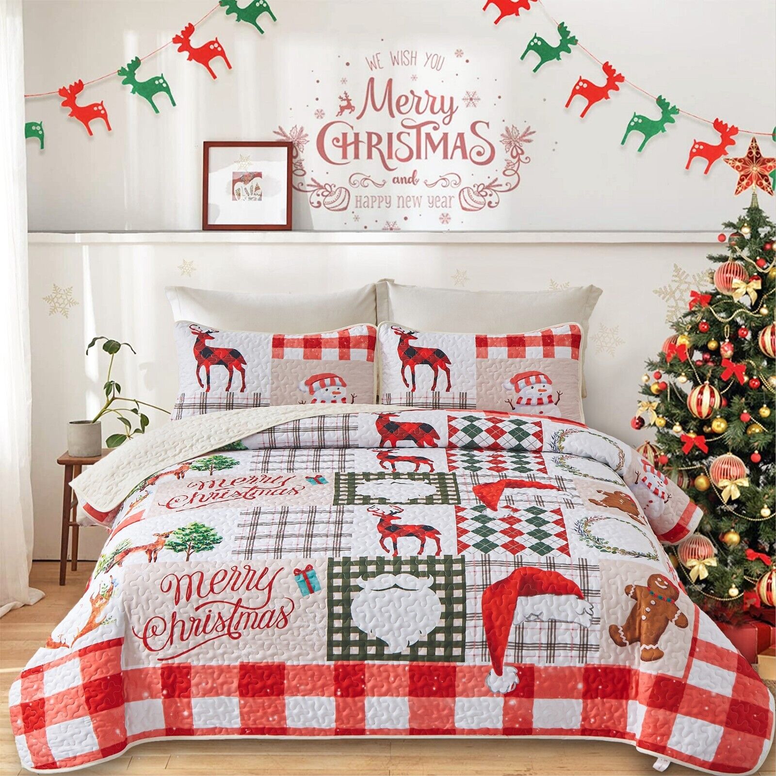 V745-MAC080225Q13U-212308-00 Joyful Santa & Reindeer Christmas Queen Bedspread Set - Image 1