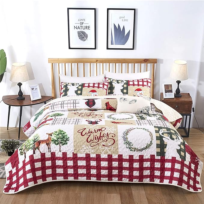 V745-MAC09097Q13U-212309-00 Festive Christmas Red & Green Queen Bedspread Set - Image 1