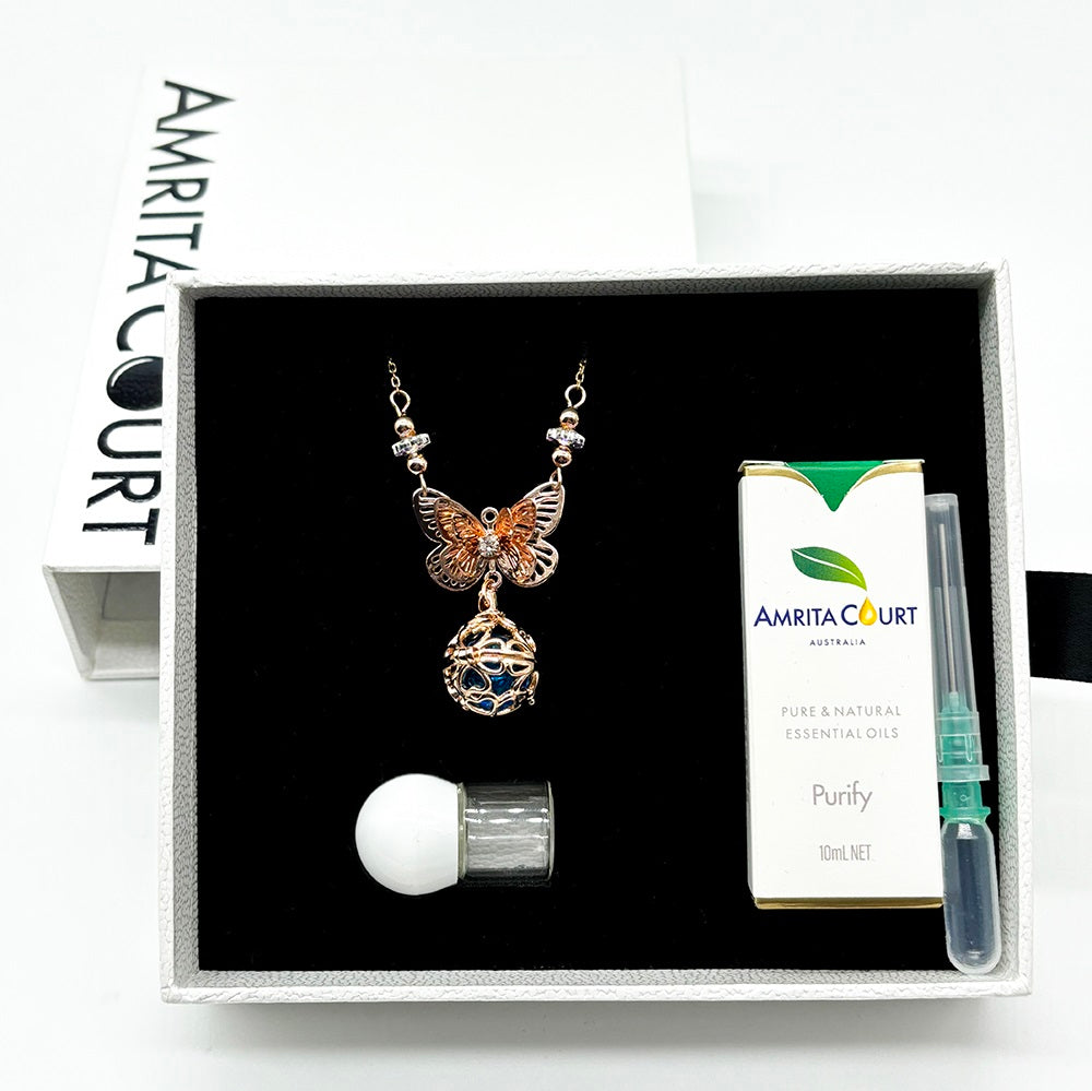 V760-GBAJ-31-195249-06 Gift Box - Butterfly Rose Gold Aroma Necklace + Purify Oil Blend - Image 1