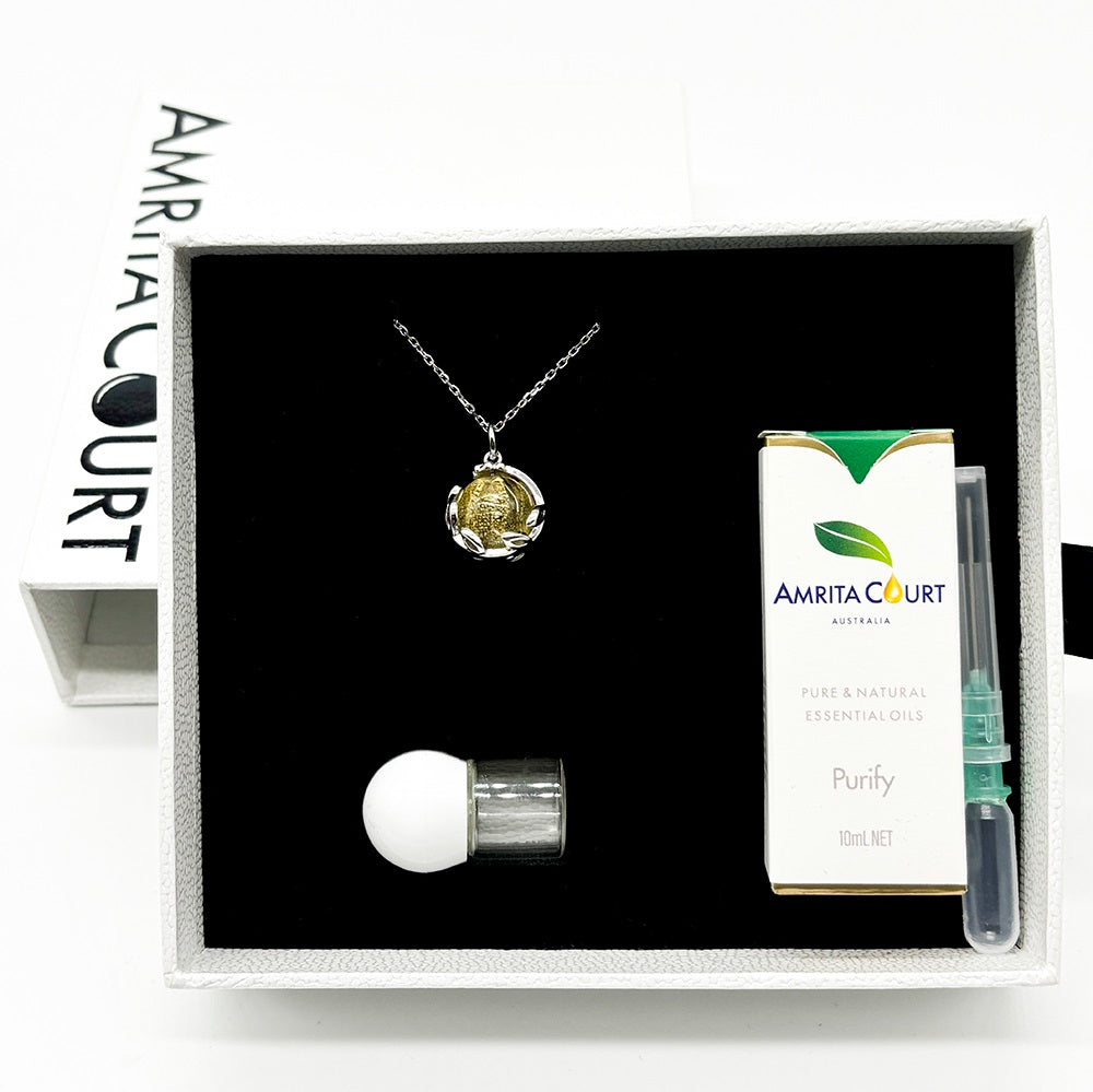 V760-GBAJ-4-195276-07 Gift Box - Aroma Necklace White Gold - Planet Jovian Gold (Golden Yellow) + Purify Oil Blend - Image 1