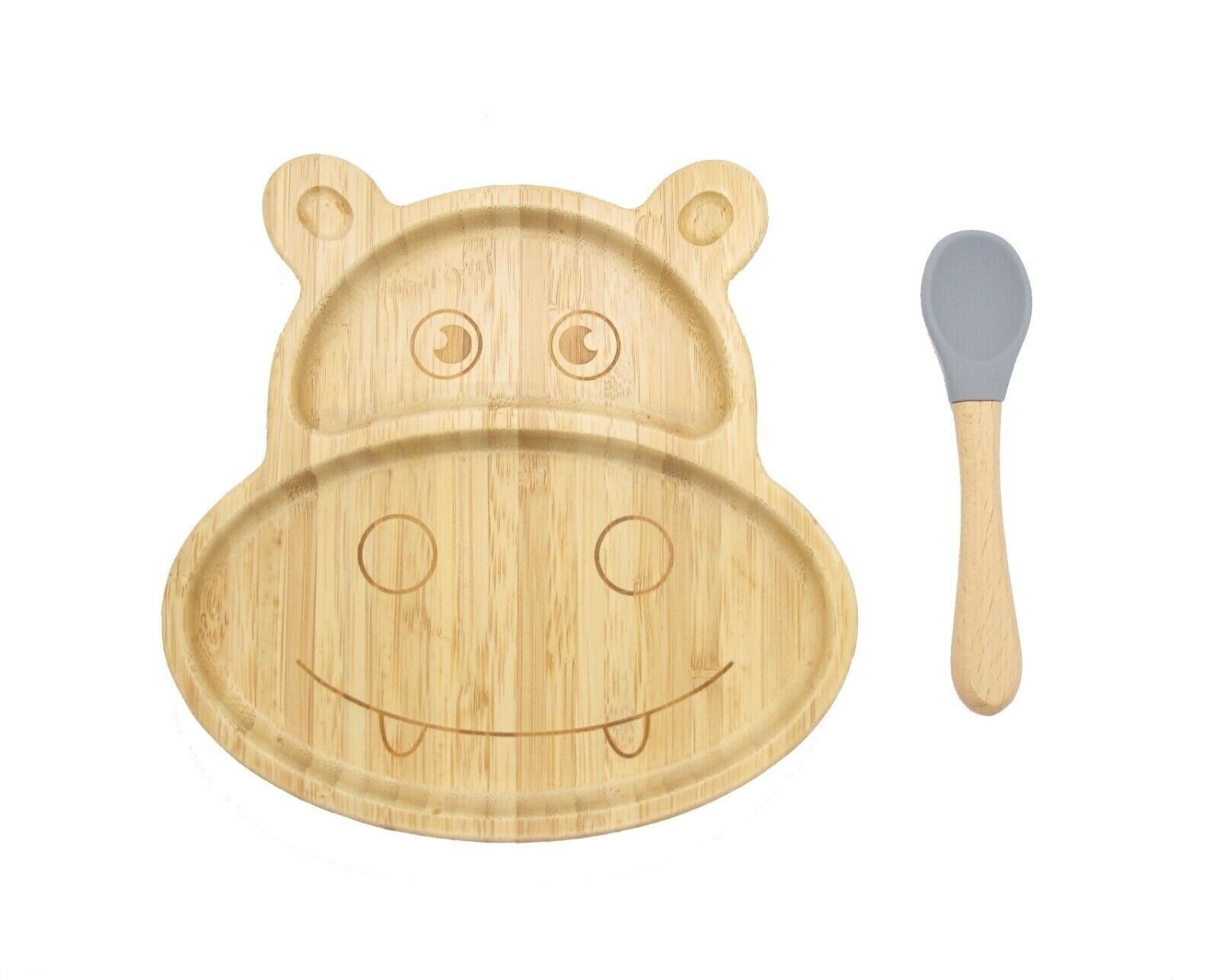 V762-HIPPOPLATE-191765-00 Bamboo Kids Children Baby Plate Bowl & Silicon Suction Cap Base & Spoon - Hippo - Image 1