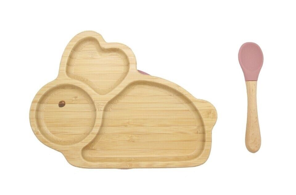 V762-RABBITPLATE-191767-00 Bamboo Kids Children Baby Plate Bowl & Silicon Suction Cap Base & Spoon - Rabbit - Image 1