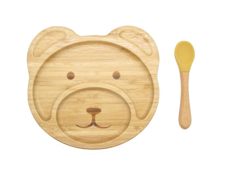 V762-TEDDYPLATE-191766-00 Bamboo Kid Child Baby Plate Bowl & Silicon Suction Cap Base & Spoon - Teddy Bear - Image 1