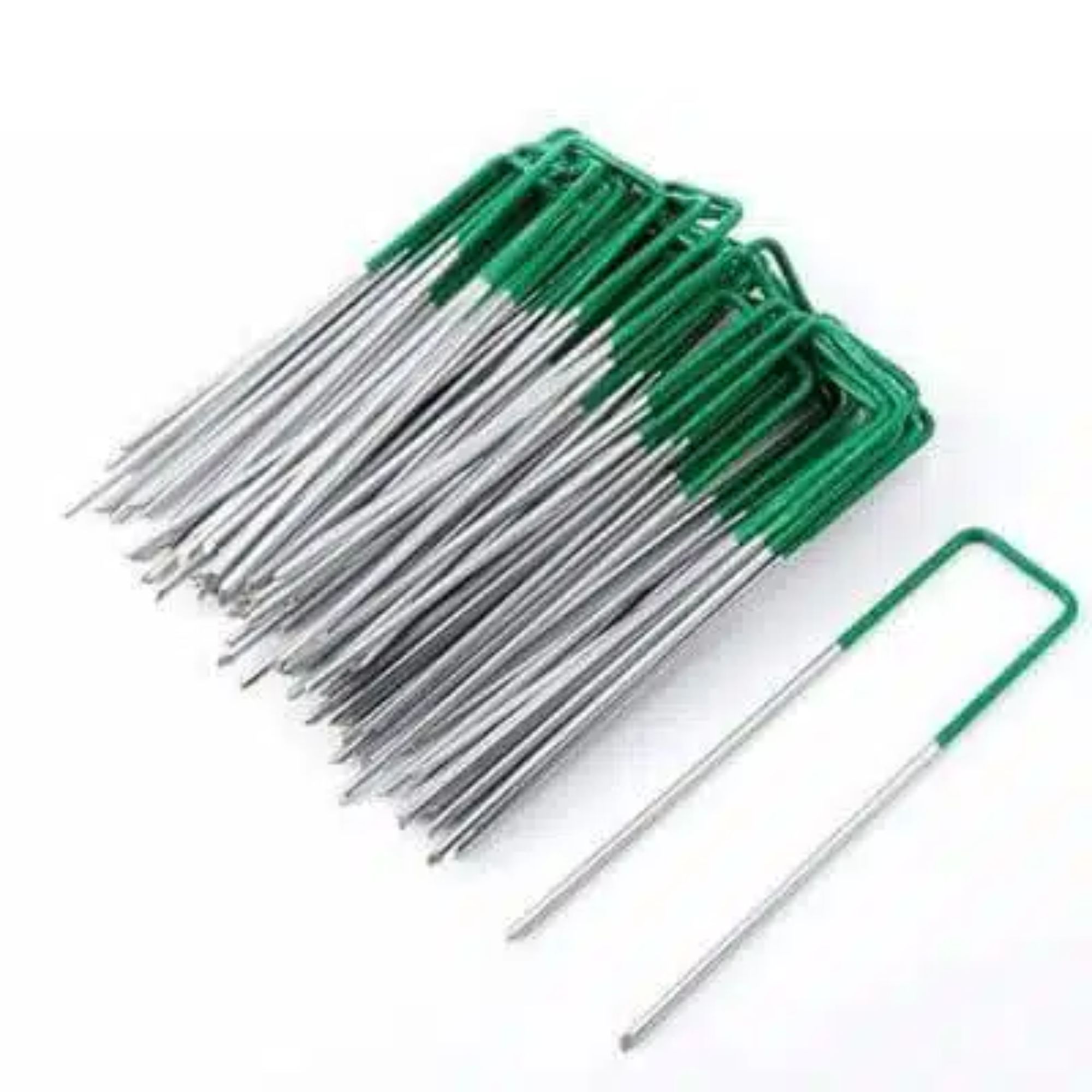xr:d:DAEkD59r8M8:176,j:2805109201,t:23041605 Artificial Grass Roll Pegs / Fake Grass Galvanized Metal Pegs With Green Top 100 Pieces - Image 1