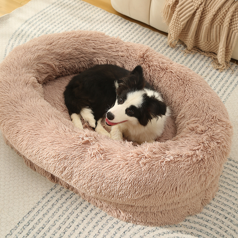 V888-ELOSUNG10228-204383-00 Fluffy Donut-Shaped Pet Bed- Soft, Cozy, and Anti-Anxiety for Dogs and Cats, Machine Washable Beige Brown Size:M 75*55*18cm - Image 1