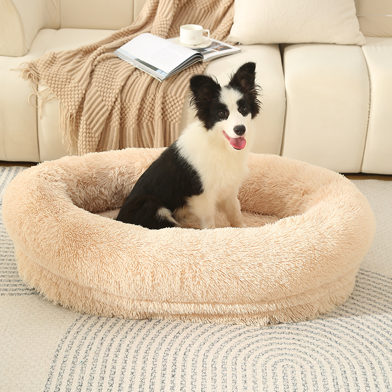 V888-ELOSUNG10230-204381-00 Fluffy Donut-Shaped Pet Bed- Soft, Cozy, and Anti-Anxiety for Dogs and Cats, Machine Washable Light Brown Size:S 60*50*18cm - Image 1