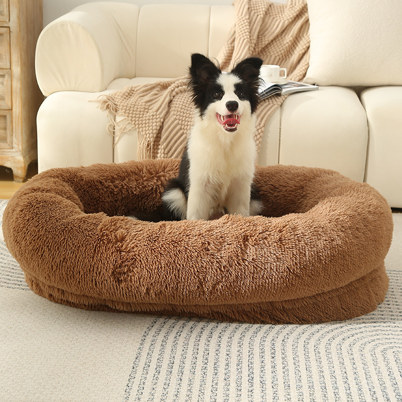 V888-ELOSUNG10235-204376-00 Fluffy Donut-Shaped Pet Bed- Soft, Cozy, and Anti-Anxiety for Dogs and Cats, Machine Washable khaki Size:L 90*65*20cm - Image 1