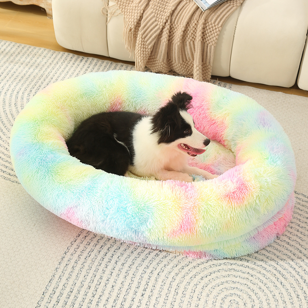 V888-ELOSUNG10260-204398-00 Fluffy Donut-Shaped Pet Bed- Soft, Cozy, and Anti-Anxiety for Dogs and Cats, Machine Washable Rainbow-colored Size:S 60*50*18cm - Image 1