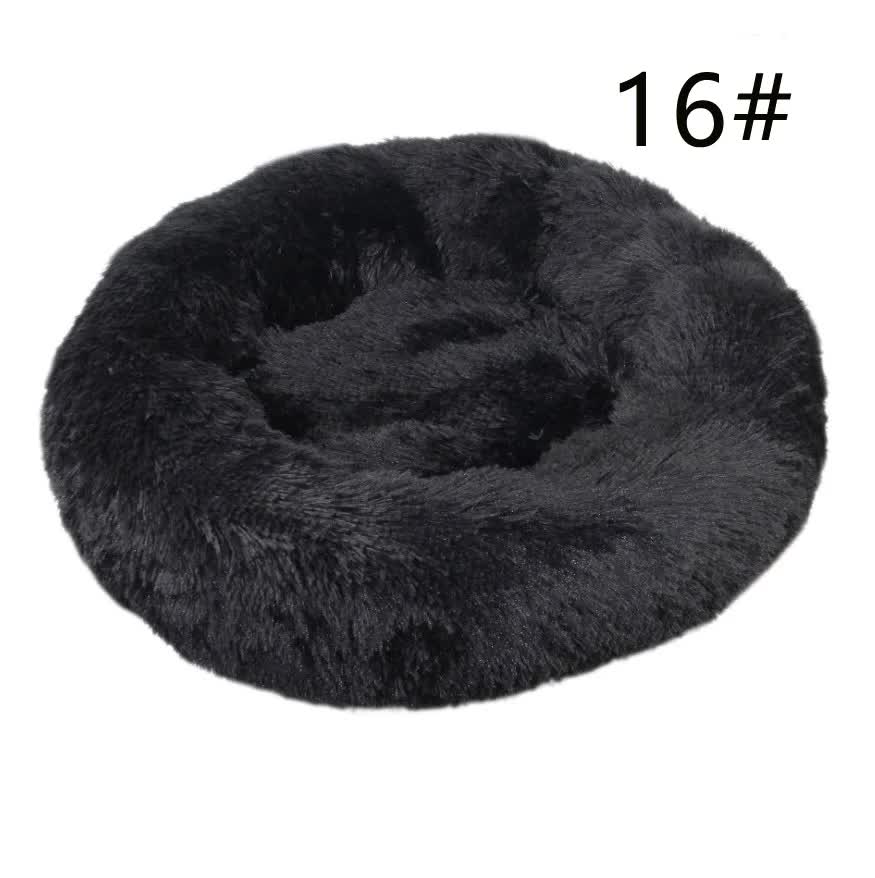 V888-ELOSUNG10286-204326-00 Calming Donut Pet Bed -Soft Faux Fur, Anti-Anxiety Fluffy Round Bed for Cats and Small Dogs (Black)50cm - Image 1