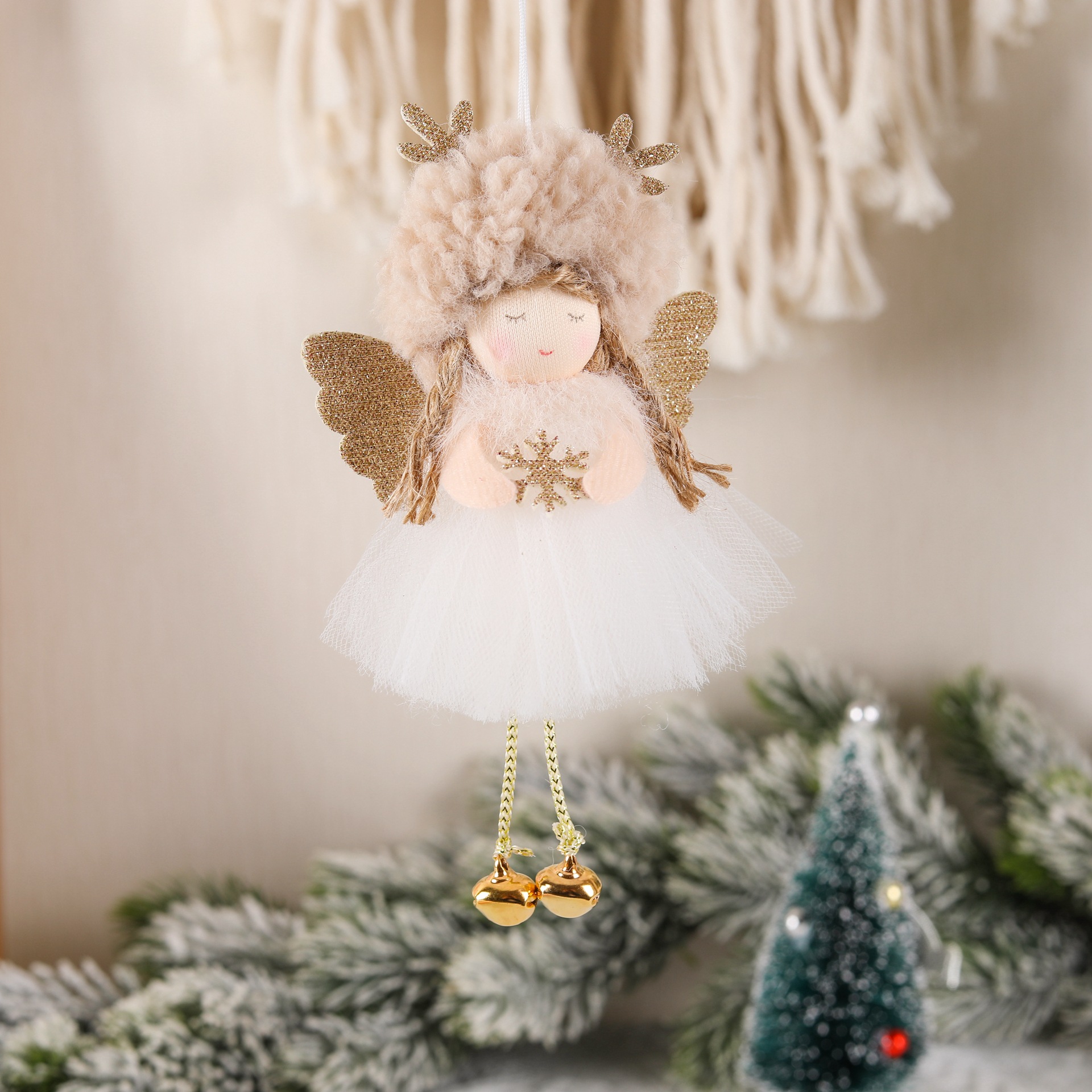 V888-ELOSUNG10552-205564-00 Gold and White Angel Ornament with Bells and Glitter Wings - Christmas Hanging Decoration 16*10*5cm Coffee colour (5 pieces) - Image 1