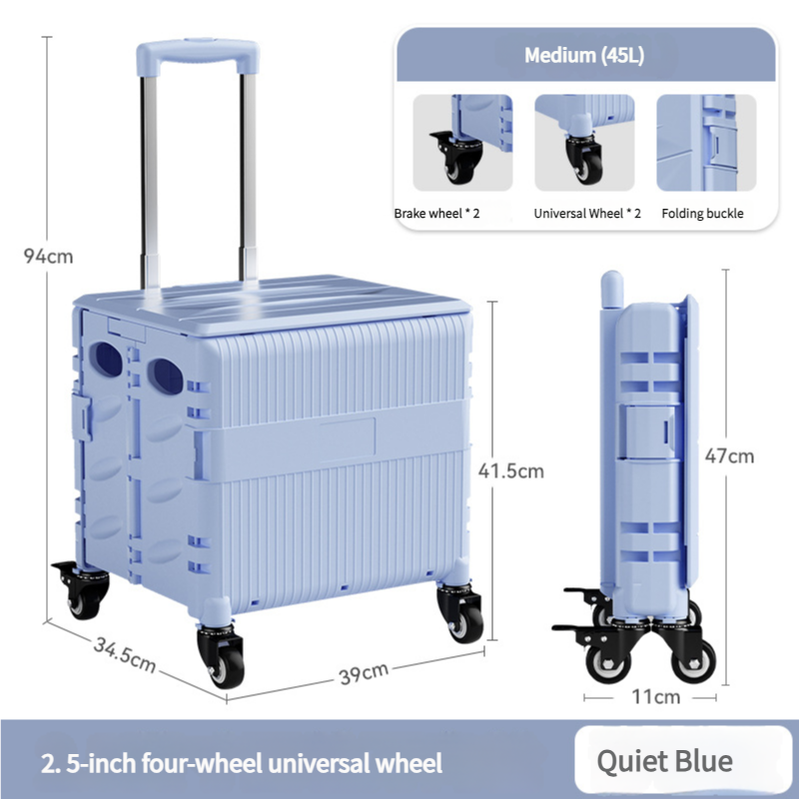 V888-ELOSUNG10740-205930-00 Foldable Rolling Storage Cart with Telescopic Handle - Large Capacity, Portable Utility Box 45L blue - Image 1