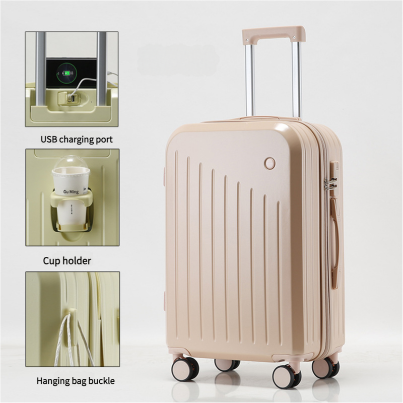 V888-ELOSUNG10776-205833-00 Smart Carry-On Luggage with Cup Holder & USB Charging Port - Pink Color Spinner Suitcase for Travel Convenience 20 inch - Image 1