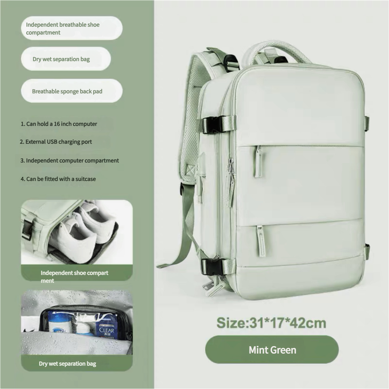 V888-ELOSUNG10939-205992-00 Multi-Compartment Travel Backpack with Shoe Storage and Wet-Dry Separation (Mint Green)31cm(L)*17cm(W)*42cm(H) - Image 1