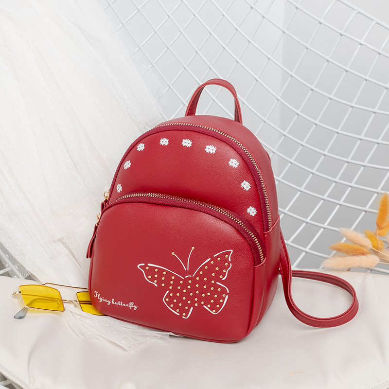 V888-ELOSUNG11016-206407-00 Mini Faux Leather Backpack with Butterfly Design -Red Cute Backpack for Girls - Image 1