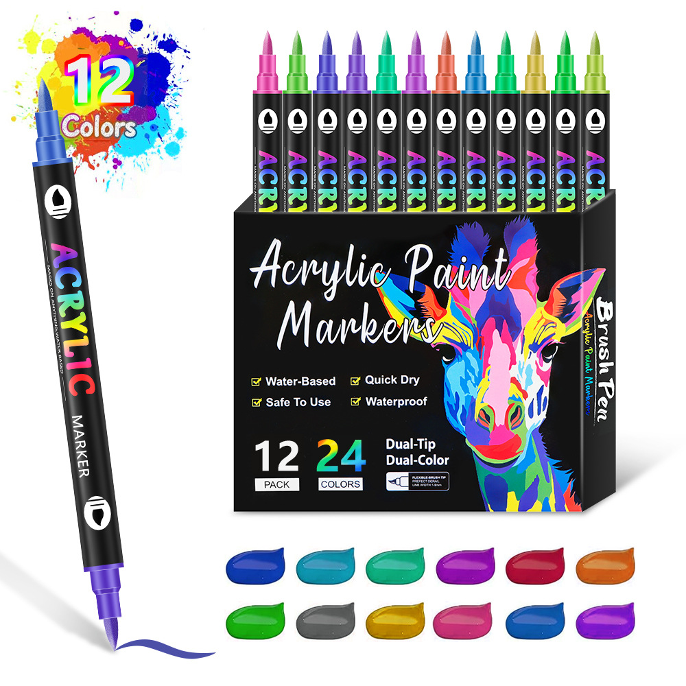 V888-ELOSUNG11126-206930-00 12-Pack Dual-Tip Acrylic Paint Markers - 24 Vibrant Colors, Waterproof & Quick-Dry for Art Projects - Image 1
