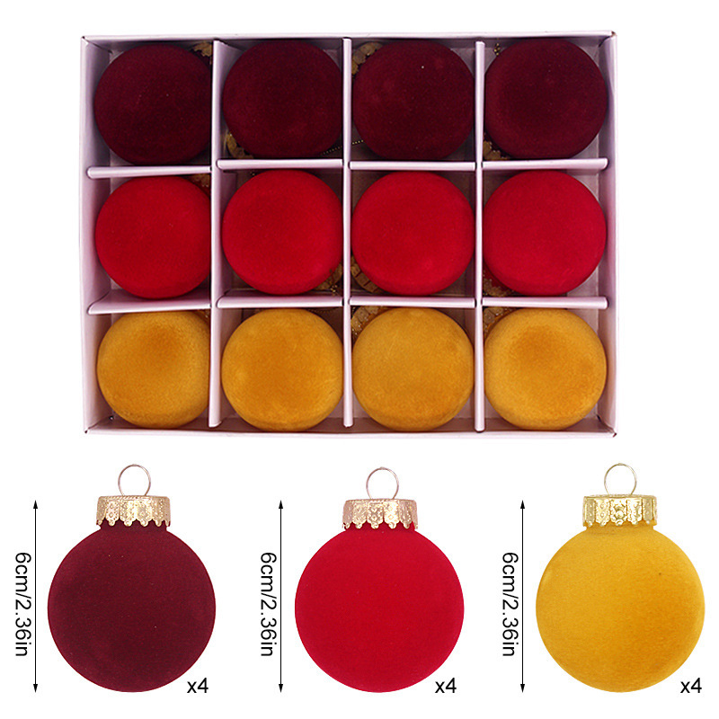 V888-ELOSUNG11208-208636-00 12-Piece Velvet Christmas Ornament Set - Classic Wine Red, Red, and Yellow Baubles for Holiday Tree Decoration (6cm) - Image 1