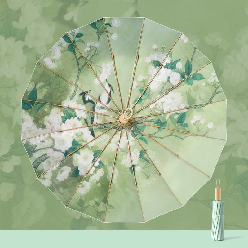V888-ELOSUNG11235-208652-00 Traditional Chinese Style Folding Umbrella - Green Floral Design with 16-Rib Structure - Image 1