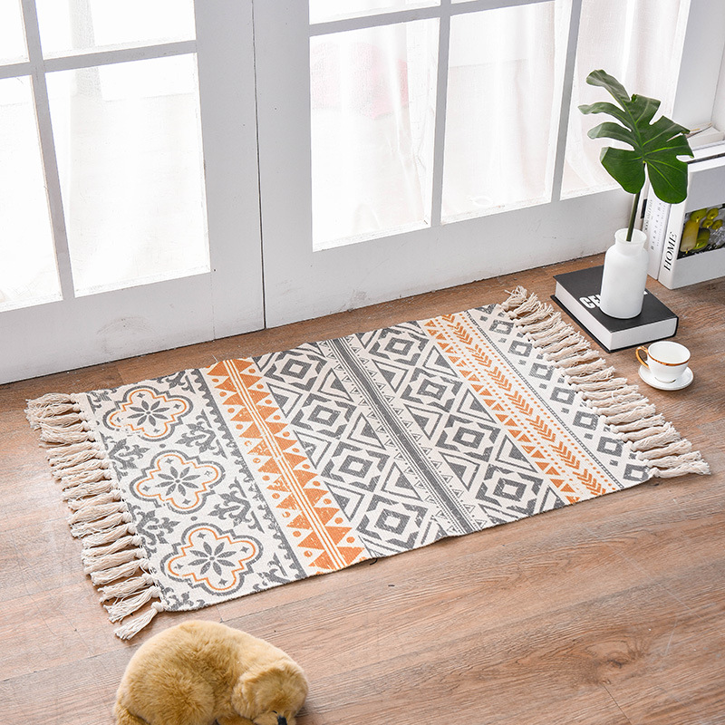 V888-ELOSUNG11275-208875-00 Bohemian Cotton Area Rug with Tassels - Geometric Pattern, Decorative Floor Mat 60*90cm - Image 1