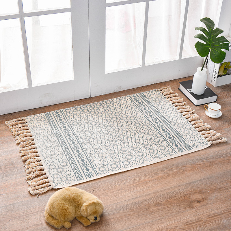 V888-ELOSUNG11276-208874-00 Bohemian Cotton Area Rug with Tassels - Geometric Pattern, Decorative Floor Mat 60*90cm - Image 1