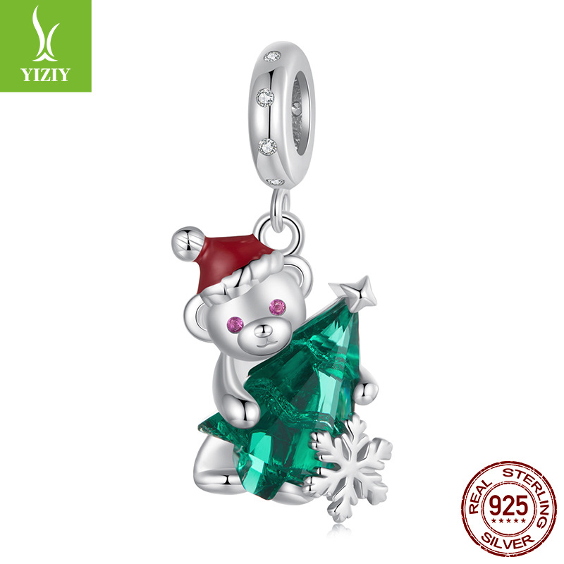 V888-ELOSUNG11380-209298-00 Sterling Silver Santa Bear Pendant - Holiday Pendant with Green Christmas Tree and Santa Hat Design(weighs approximately 2.8g) - Image 1