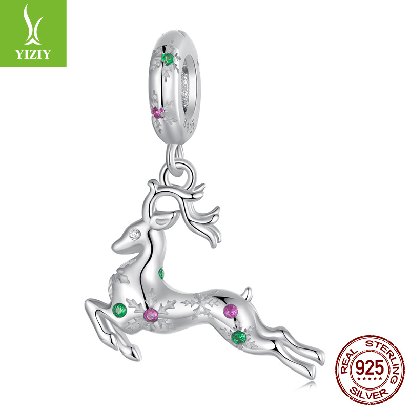 V888-ELOSUNG11381-209338-00 Sterling Silver Reindeer Charm - Festive Christmas Pendant with Colorful Accents (weighs approximately 2g) - Image 1